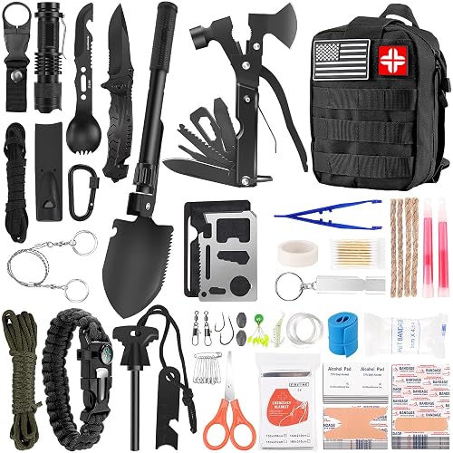 LUXMOM Survival Kit and First Aid Kit, 142Pcs Professional Survival Gear and Supplies Equipment with Molle Pouch, Gift for Fathers Day Men Dad Husband Camping Hiking Hunting Outdoor Adventure (Black)