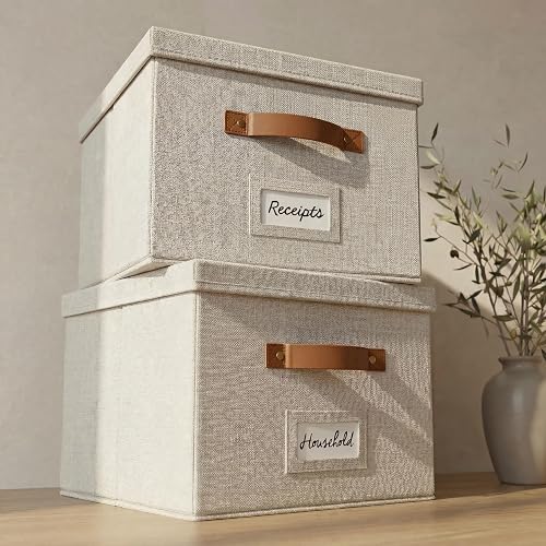 Decorative File Organizer Box Set of 2 - Collapsible Linen Filing Cabinets | Stores Documents and Hanging File Folders - Portable Office Storage Crates with Lid and Handles for Easy Slide Access