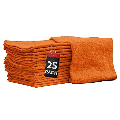 Nabob Wipers Auto Mechanic Shop Towels 25 Pack Bulk Shop Rags 100% Cotton Size 14"x14" Commercial Grade (25 Pack, Orange)