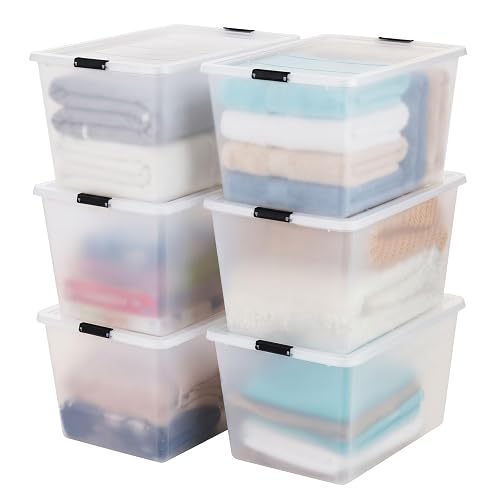 IRIS USA 6-Pack 55 Quart Clip Box with Latching Lid | 21.88"L x 15.31"W x 15.5"H, Clear storage bin with secure latching lid, Stackable organizer for household storage