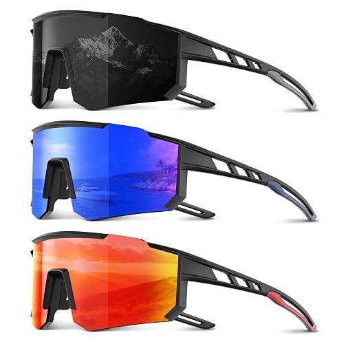 Foliful Polarized Sports Sunglasses Men Women for Running Baseball Cycling | 3 Pack Wrap Around Mens Womens Lightweight Outdoor Sunglasses UV Protection for Hiking Fishing