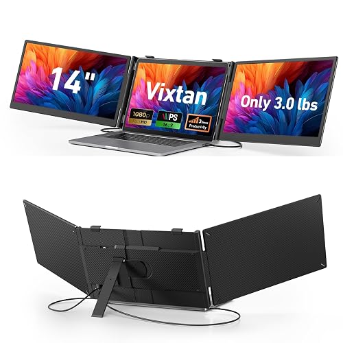 Vixtan 14" Triple Laptop Screen Extender, 3.0 lbs Lightweight FHD IPS Portable Monitor for Laptop, USB-C Plug & Play Multi Screen Attachment for 13-17.3" laptops with Windows/Mac/Chrome