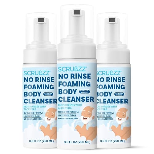 Scrubzz No Rinse Body Wash for Elderly, Gentle 8.5 fl oz Rinse Free Cleansing Foam for Waterless Bathing Men and Women, Great for Hospital Stays, Post Surgery, Camping, Gym and Post Workout - 3 Pack