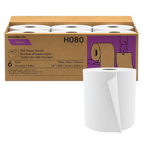 Cascades PRO Select Strong and Absorbent Hand Paper Towels - Suitable for Most Universal Dispensers - Paper Towel Rolls Bulk - 800 Feet/ Roll, 6 Rolls/Pack - H080 - White
