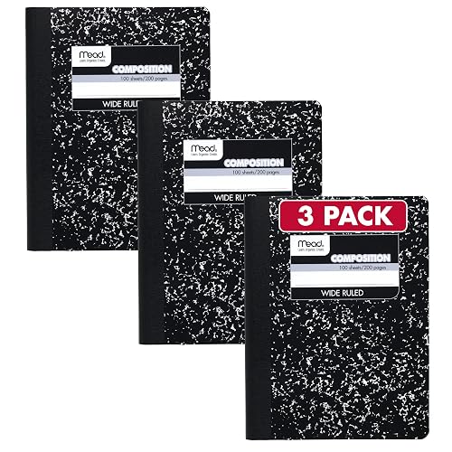 Mead Composition Notebook, Wide Ruled Paper, 7.5" x 9.75", 100 Sheets, Black Marble, 3 Pack (38301)