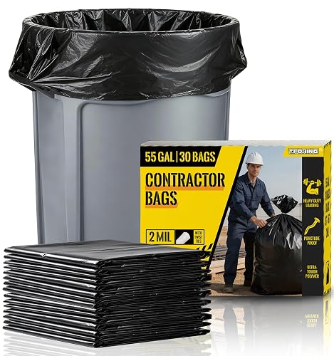 T.FORING 55 Gallon Contractor Garbage Bags Heavy Duty,2 Mil,30 Count,Black | 36''x56'',50+ Gal Large Trash Bag,Tear Resistant,Super Sturdy ,for Construction,Industrial Outdoor Use,Yard Waste
