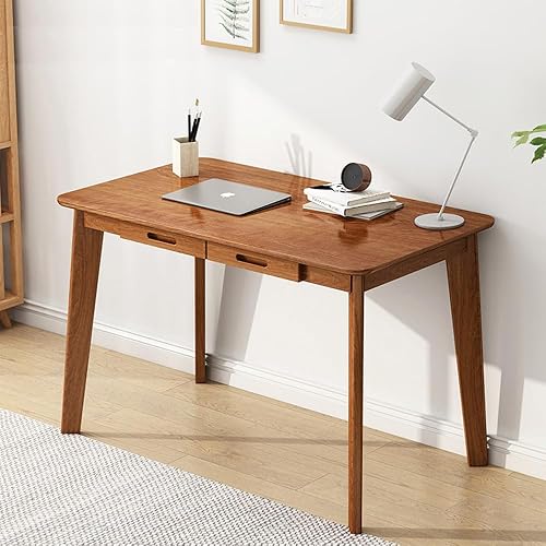IOTXY Solid Wood Writing Desk - Home Office Laptop Computer Table, Walnut | Nordic Minimalist Style, MDF Tabletop, Solid Wood Legs, Double Drawers, Ergonomic Work Table, Workbench Desk