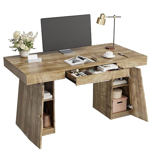 Garvee Modern Computer Desk, Large Office Desk with Drawers | 55 x 27.5 Inch Gaming Desk with Storage Shelves, Writing Study Desk for Home Office, Light Brown