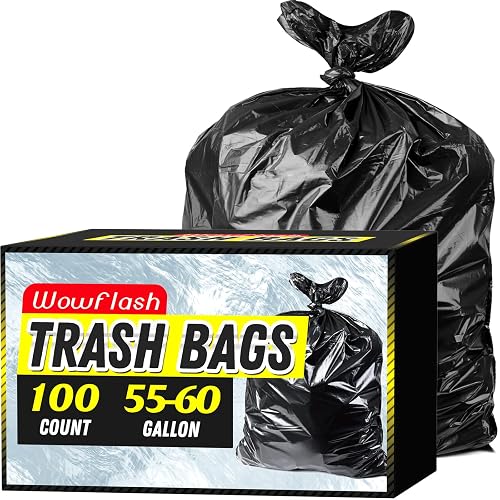 Wowflash 100 Count 55-60 Gallon Trash Bags | Sturdy & Tear-Resistant Commercial Can Liners 55 Gallon, Large Black Garbage Trash Bags for Commercial, Lawn and Leaf Bags