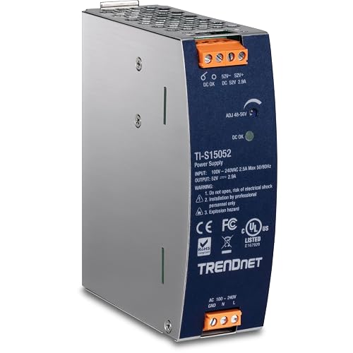 TRENDnet TI-S15052, 150W, 52V DC, 2.89A AC to DC | DIN-Rail Power Supply, Industrial Power Supply with Built-In Power Factor Controller Function