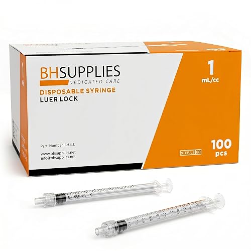 BH Supplies 1ml Luer Lock Tip Syringes (No Needle) - Sterile, Individually Wrapped - 100 Syringes