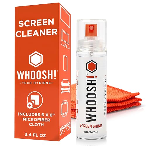 WHOOSH! Screen Shine Go XL – Screen Cleaner Spray & Wipe Kit, 3.4 fl oz | Includes 6x6" Microfiber Cloth, Sleek Bottle for Home & Travel, Streak Free Finish, For Car, Computer, MacBook & Eyeglasses