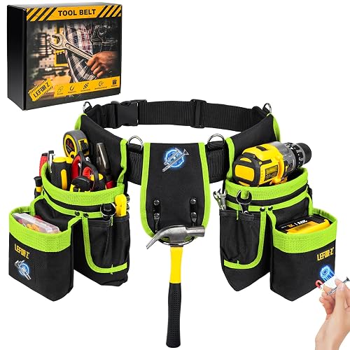 Tool Belt with 4 D-Rings,27-Pockets Tool Belts for Men,Construction | Heavy Duty Utility Belt with Detachable Tool Pouch Bag,Magnet Toolbelt for Electrician,Carpenter,Dad Gifts,Black/Green