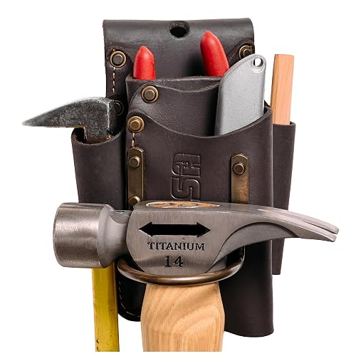 FESA Small Leather Tool Pouch - 5-in-1 Heavy Top Grain Leather Small Tool Pouch with a Steel Hammer Loop, 4 Pockets & Reinforced Heavy Duty Rivets - Fits Belts up to 3" - Handcrafted