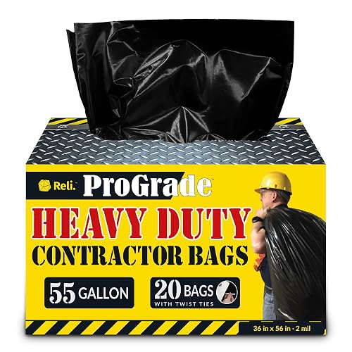 Reli. Contractor Garbage Bags 55 Gallon | Heavy Duty | 20 Trash Bags, Twist Ties, Black Contractor Trash Bags (36" x 56", 2 MIL)