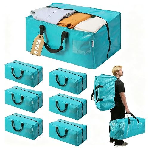 WORKPRO 6 Pack Extra Large Moving Bags with Backpack Straps & Handles | Heavy Duty Moving Storage Bags, Blue, Double Zippers for Moving, Dorm, Closet Storage, Travel & Space Saving