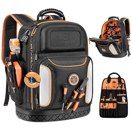 LOKASS 18.1-inch Heavy-Duty Tool Backpack, 75 Pockets, Black | 110 lbs Load Tested, 1680D Tear-Resistant Fabric, Removable Tool Panel, Combination Lock, Electricians, HVAC Pros