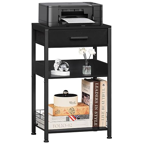 Lerliuo Printer Stand with Storage, 3-Tier Printer Table,Black | Fixed-leg three-tier printer stand with fabric drawer and two shelves for paper, ink, office supplies and compact scanners