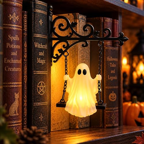 Rdogeia Swinging Ghost Library Lantern Bookshelf Lighting,LED Book Shelf Lights Lamp,Halloween Hanging Ghost Decor Indoor,Spooky Cute Ghosts Decorations