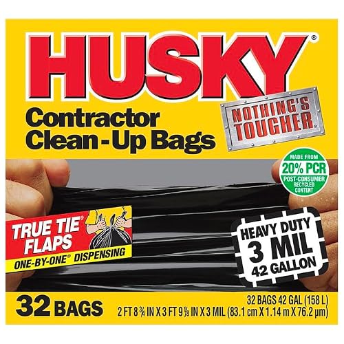 5-Pack of 42 gal Poly - America HKR42WC032B Black Husky Wave Cut Contractor Trash Bags, 32-Count