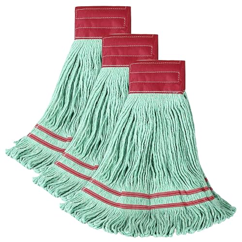 ONESIMUS 30 oz Pack of 3 Cleaning Heavy Duty Industrial Commercial Grade Looped-End Mop Head Replacement,6'' Headband Cotton String Wet Mop Head Refills,Machine Washable Green Mop