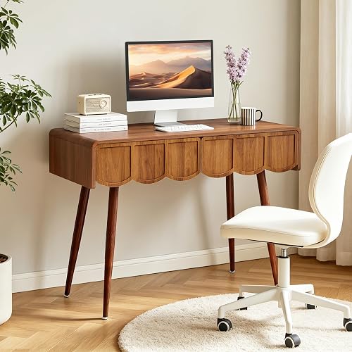 ORRD 39 Inch Small Computer Desk with Scalloped Drawers for Bedroom | Modern Compact Writing Study Desk with 2 Storage Drawers for Bedroom, Home Office, Small Spaces, Walnut