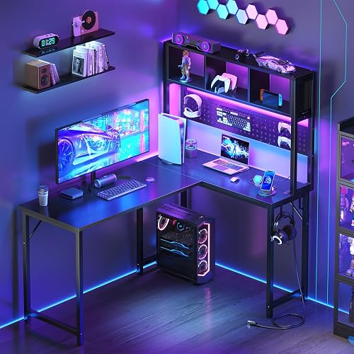 DLisiting Small Black L Shaped Gaming Desk with Hutch, 47 Inch Corner | Storage Shelves, Bedroom Small Space, Reversible, Pegboard LED Light, For Kids Boys Girls