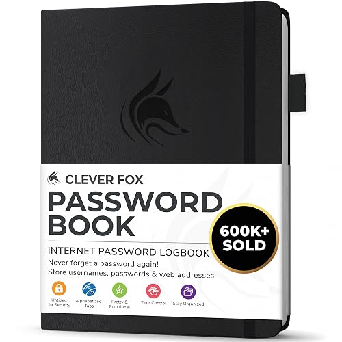 Clever Fox Password Book with Alphabetical Tabs, 4"x5.5" Keeper Black | Hardcover 4” x 5.5”, small password keeper & internet address book for seniors, office supplies, website login organizer