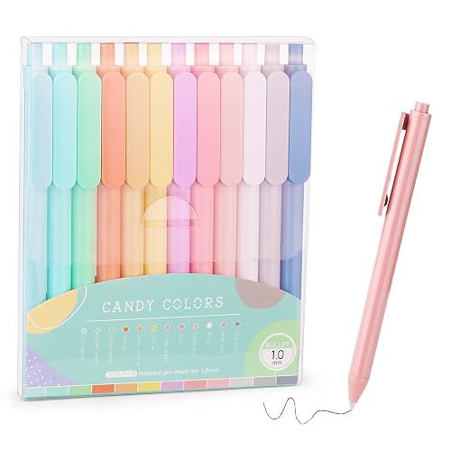 WY WENYUAN Pastel Ballpoint Pens, 12 Pack, 1.0mm Black Ink | Cute Pastel Retractable Pens with Smooth 1.0mm Black Ink for School, Office, Journaling and Daily Writing