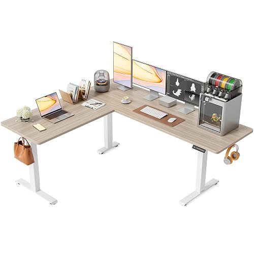 FEZIBO 75" x 63"L Shaped Standing Desk Adjustable Height, Electric Stand up Corner Computer Desk, Sit Stand Home Office Desk with Splice Board, Light Walnut Top/White Frame