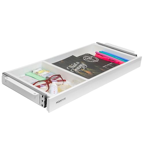 Mount-It! Under Desk Drawer Organizer with 2 Compartments, Shallow Low-Profile Slide-Out Desk Tray, 20.7″ x 8.9″ x 1.8″, Pull-Out Pencil Drawer for Traditional & Standing Desks- White