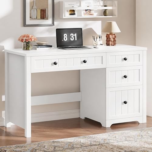 Vabches Farmhouse Executive Desk with 4 Drawers, Home Office Desk with File Drawer, Wood Computer Desk with Storage, Rustic Office Desk for Work Study Writing, Pure White