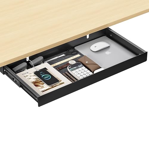 ERGO COLLECT Under Desk Drawer,20.1 inch Carbon Steel Slide-Out Under Table Storage Organizer With Full Extension Ball-Bearing Slides,Undermount Drawer For Standing Desk & Home Office,Black
