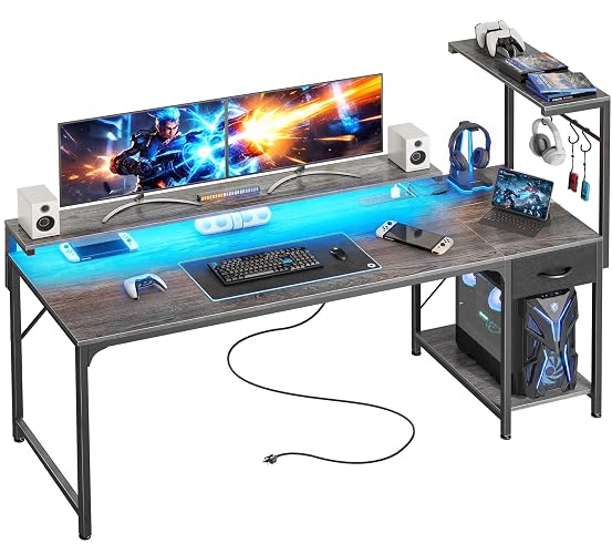 PRAISUN 63 Inch Gaming Desk with LED Lights & Power Outlets | Computer Desk with Drawer & Storage Shelves, Office Writing Desk with Monitor Stand for Work from Home, Grey