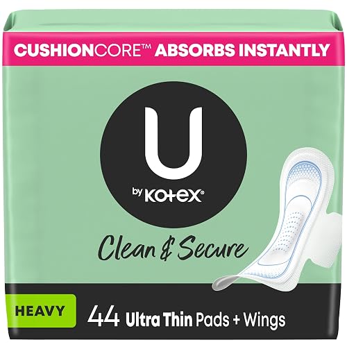 U by Kotex Pads with Wings, Clean & Secure, Ultra Thin, Heavy Absorbency, 44 Count (Packaging May Vary)