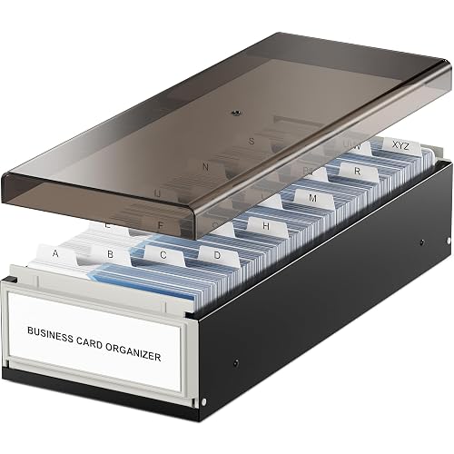 MaxGear Business Card Holder for Desk, Capacity: 800 Cards (3.5” x 2.2”) | Large Plastic Business Card Organizer Box, Credit Cards Holder File Box Storage, A-Z Tabs, Metal Structure, Black