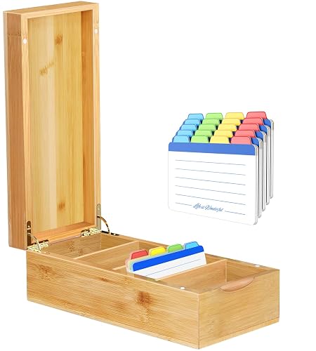 Neando Bamboo Business Card Organizer for 2x3.5 Cards – 600-Card Capacity Wooden Holder with Lid, 4 Compartments, Includes 20 Thick Index Cards – Natural Mini Card Filing Box