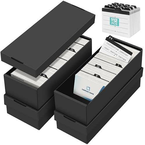 QLOUNI Business Card Storage Box 4 Pack, Business Card Holder Case with Lids & 112 Index Dividers, Holds 3200 Cards Total, Desk Business Card Organizer, Black Card Index & Recipe Card Storage