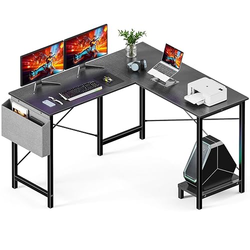 DUMOS L Shaped Desk, Gaming Desk, Corner Table, 50 Inch | Side Storage Bag, CPU Stand, Student Work PC Workstation, Home Office Bedroom for Small Spaces, Black