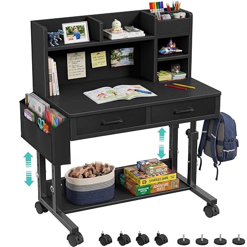 WINAZ Black Mobile Kids Desk - 32" Height Adjustable Study Table with Hutch | Small Rolling Student PC Desk with Storage Shelves, Drawers, Felt Pin Board, Side Pocket & Backpack Hooks for Teen Bedroom