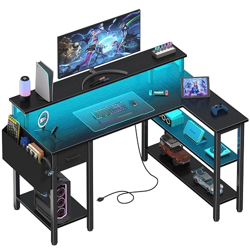 Lufeiya L Shaped Gaming Desk with Storage Shelves, 47 inch Home Office Desk with Monitor Stand, Computer Desk with LED Lights,Power Outlets and Fabric Drawers, Black
