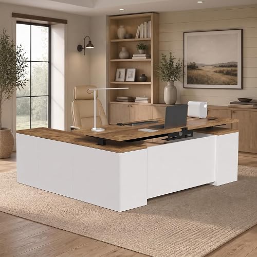 71" L-Shaped Electric Standing Desk with File Cabinet Drawers Outlet USB | Height Adjustable Sit Stand Executive Desk Workstation with Privacy Panel for CEO Office Manager, Walnut & White