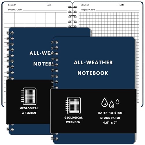 Weatherproof Spiral Notebook 4.6"x7", Geological Grid, Blue Cover, 2PCS | Write in the Rain Notepad with Stone Paper and Waterproof Cover, 100 Pages, A6 Medium Size Steno Pads