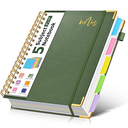 5 Subject Spiral Notebook Journal with Removable Dividers Tabs, 300 Pages Organizer Notebooks for Work School, 8"x10" Hardcover Leather Notebook College Ruled, Large Lined Journal for Women Men,Green