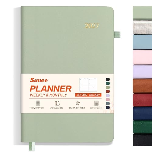 SUNEE 2027 Weekly & Monthly Hardcover Planner 5.5" x 8.3" - 12 Month (January 2027 - December 2027), Small Hardcover Planner, Pocket, Notes, 100 GSM Paper, Sage Green