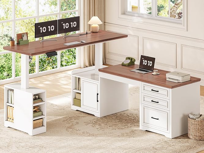 SEDETA Farmhouse L Shaped Standing Desk with Storage for Home Office, White | 63" x 67" Height Adjustable Desk, Convertible L Shaped Desk or 2 person Desk, Computer Desks with Power Outlet