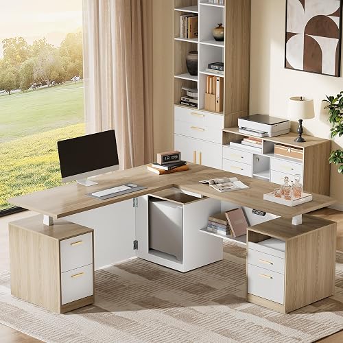 ModernMate 71" L Shaped Electric Standing Desk with 5 Drawers & CPU Storage | One-Piece Height Adjustable Executive Standing Desk, AC/USB & Privacy Panel, Home Office Workstation, Light Walnut