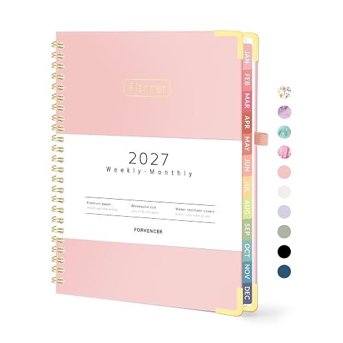 Forvencer 2027 Planner, Hardcover Calendar Planner Jan - Dec 2027, 6"x8" | Spiral Weekly & Monthly Planner, Daily Agenda Book with Tabs, Daily Journal Organizer for Office Home School, Pink