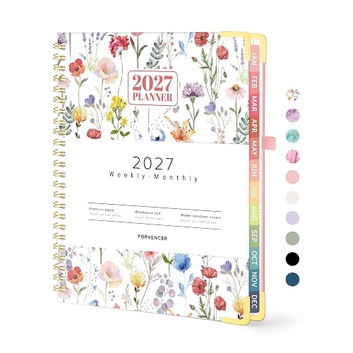 Forvencer 2027 Planner, Hardcover Calendar Planner Jan - Dec 2027, 6"x8" | Spiral Weekly & Monthly Planner, Daily Agenda Book with Tabs, Daily Journal Organizer for Office Home School, Floral Style