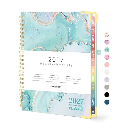 Forvencer 2027 Planner, Hardcover Calendar Planner Jan - Dec 2027, 6"x8" | Spiral Weekly & Monthly Planner, Daily Agenda Book with Tabs, Daily Journal Organizer for Office Home School, Teal Marble